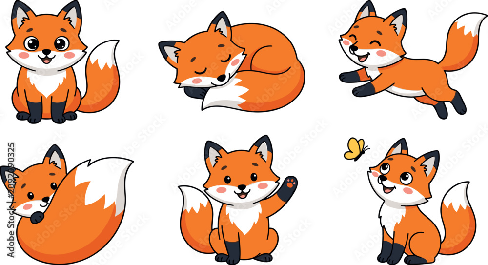 Obraz premium Cute Baby Fox Cartoon Character Set with Various Poses, Emotions, and Actions for Children Books, Stickers, and Woodland Animal Graphic Designs