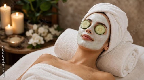 A relaxed woman lies in a spa with a facial mask, cucumber slices over her eyes, soft towels, and candles, perfect for beauty, skincare, and self care advertising.