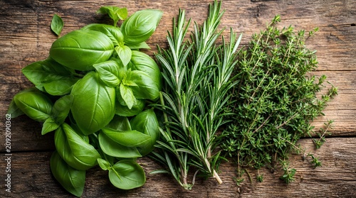 Photos Fresh basil, rosemary, and thyme arranged on rustic wooden boards, ideal for promoting organic cooking, herb gardening, Mediterranean recipes, or farm to table menus