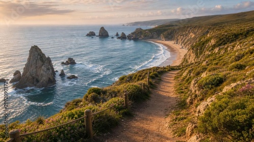Canvastavla Sunlit coastal footpath overlooks a sandy cove, rocky sea stacks, waves, and wildflowers, suited for nature travel campaigns and hiking inspiration