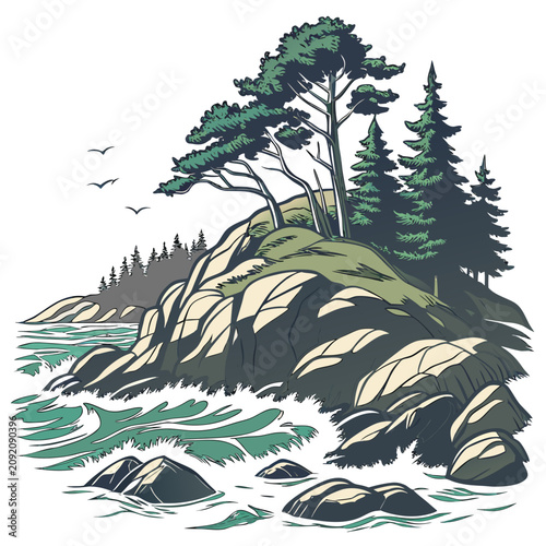 Принти на полотні Hand drawn of a rocky coastal headland with pine trees, crashing ocean waves, an