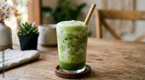 Billede på lærred A frothy iced matcha latte with a straw sits on a wooden cafe table, ideal for promoting specialty drinks, wellness menus, and cozy coffee shop branding