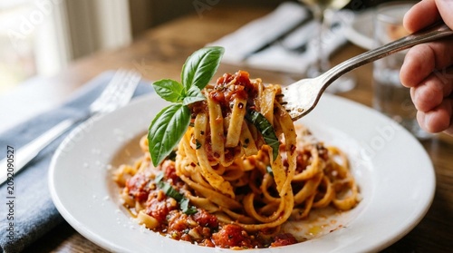 Canvastavla A fork lifts linguine with tomato meat sauce, basil, and grated cheese from a white bowl in a restaurant setting for Italian dining and menu advertising