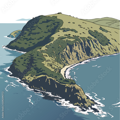 Schilderij op canvas A scenic of a coastal headland with steep cliffs, green grassy slopes, and blue
