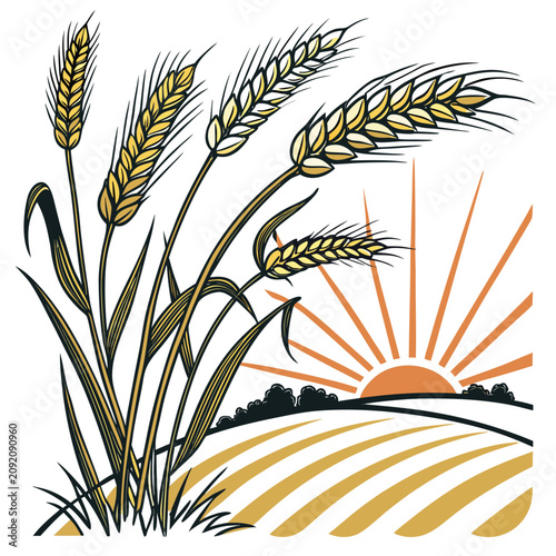 Foto Golden wheat stalks in the foreground with a stylized sunrise over a rural agric