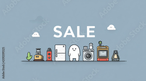 SALE letters with tiny household items and appliances, clean retail banner, cozy shopping theme.