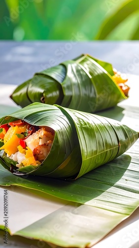 Fresh Colorful Rice and Vegetable Filling Wrapped in Green Banana Leaf on Outdoor Table