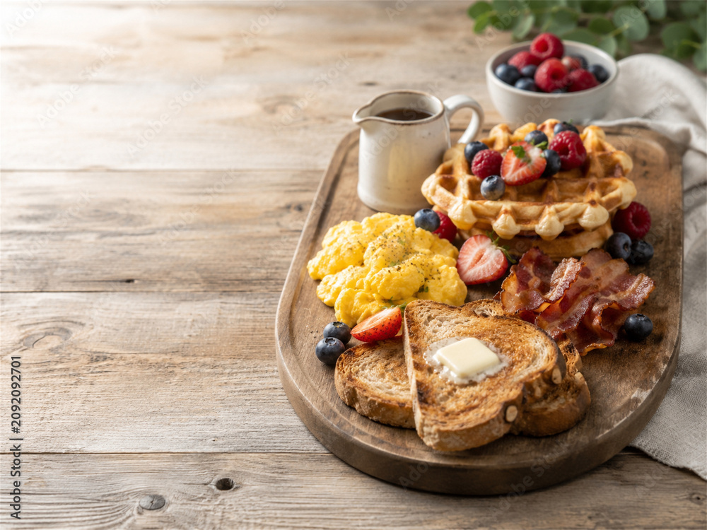 Fototapeta premium Rustic breakfast platter with fluffy waffles fresh berries scrambled eggs bacon toast butter and maple syrup served on a wooden board beside coffee and fruit in a warm farmhouse table setting