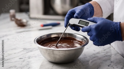 Chocolate temperature check, Artisan tempering thermometer close up, Melted chocolate quality control, Professional confectionery process, Premium food workshop
