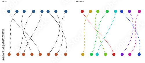 Matching game puzzle with dotted lines connecting dots. Matching game puzzle includes colorful paths and logical connections.