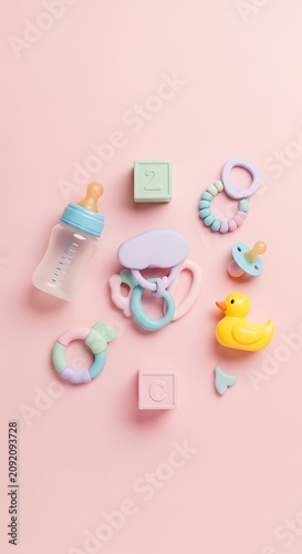 Pastel Baby Accessories Arranged on Soft Pink Background