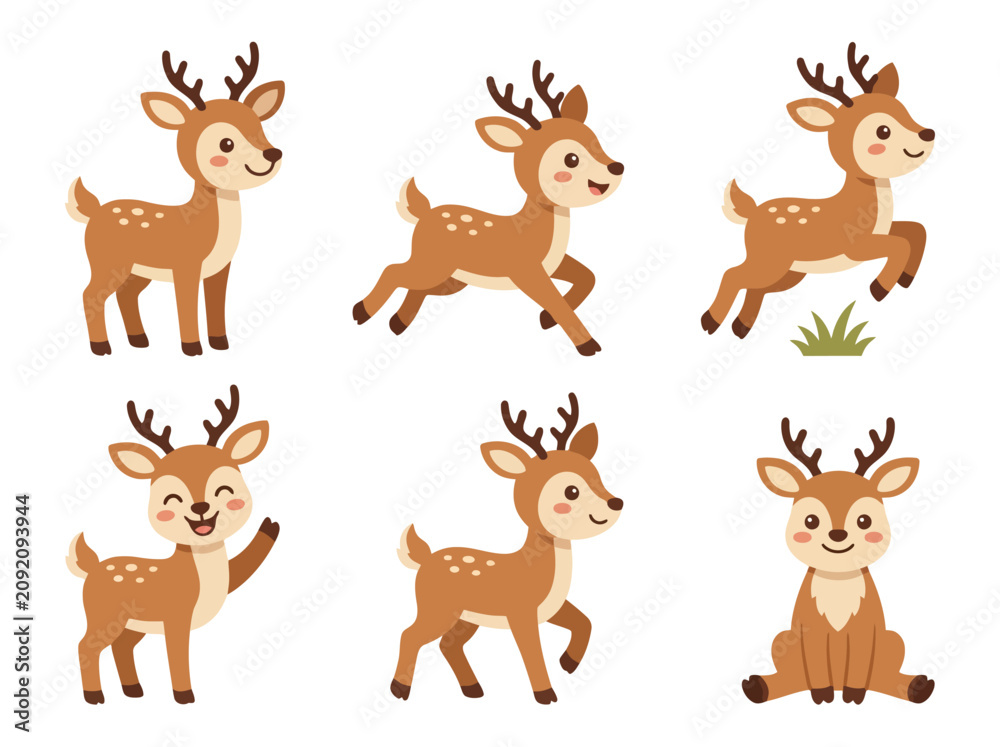 Obraz premium A collection of six cute cartoon deer characters in various poses and expressions.