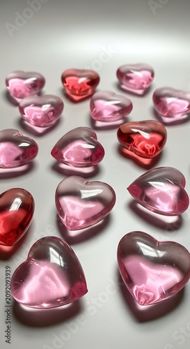 Glossy Pink and Red Glass Hearts Scattered on White Surface