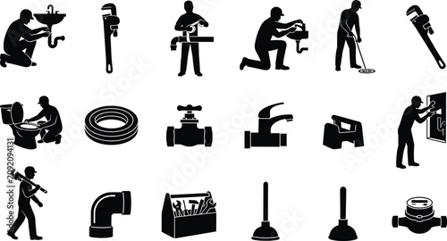 Bild auf Leinwand Plumber silhouettes with tools repairing sinks, tightening pipes, and performing