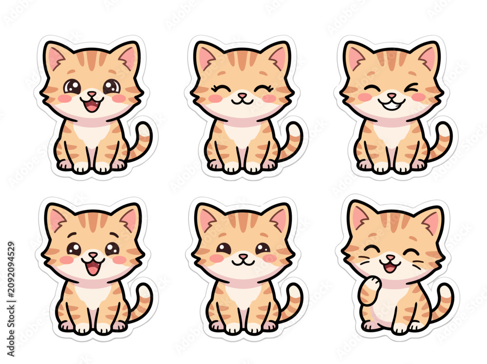 Fototapeta premium A collection of six cute cartoon ginger tabby kittens with various happy expressions.