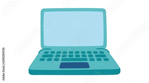 Teal laptop computer on white background.