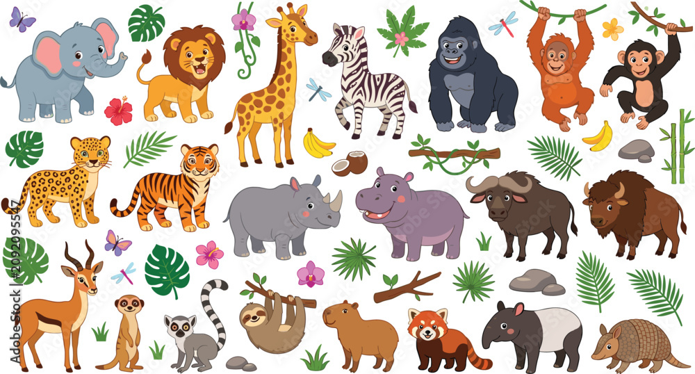 Fototapeta premium Cute Safari and Jungle Animal Vector Illustration Bundle with Tropical Leaves for Children Nursery Decor, Educational Materials, and Sticker Designs