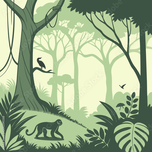 Canvas Print Illustration of a tropical jungle with a monkey and a bird tropical forest wildl