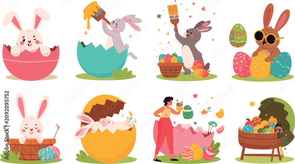 Fototapeta premium Cute Easter bunny vector illustration set with cartoon rabbits painting and hatching from colorful decorated eggs on white background
