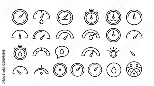 Collection of various gauge and meter icons for measurement and monitoring  oil and fuel gauges  speedometers