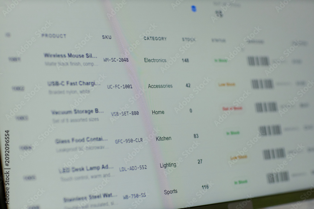 Obraz premium Close up of inventory management dashboard displaying product listings, SKU codes, stock levels, barcodes, supporting ecommerce operations, retail analytics, supply chain content