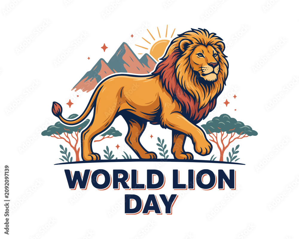 Fototapeta premium World Lion Day Vector Illustration, Wildlife Conservation and Lion Protection Awareness Design