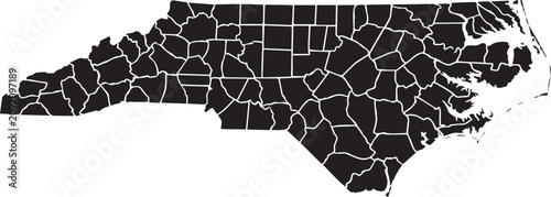 Black and white vector illustration showing the detailed map outline of north carolina counties with sharp borders and clean edges