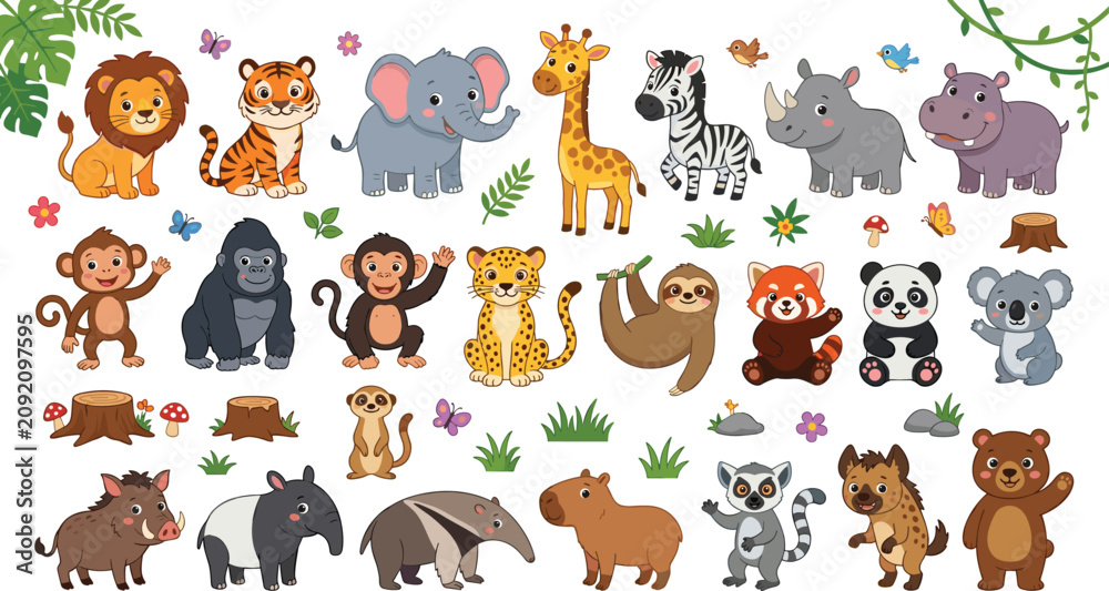 Fototapeta premium Cute Jungle and Safari Animal Vector Illustration Set with Lion, Elephant, and Giraffe for Kids Nursery Decor, Stickers, and Educational Designs