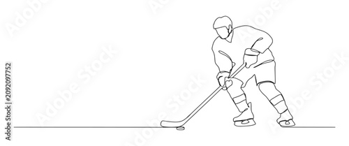 Photography Continuous single line drawing of ice hockey player holding stick with continuou