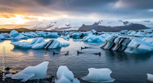 Blue Icebergs Floating in Calm Glacial Lagoon at Sunset with Snowy Mountains