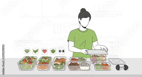 Healthy Meal Prep Woman Preparing Balanced Food Containers for Fitness