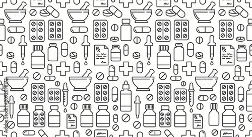 Seamless black and white medical pharmacy line icon pattern