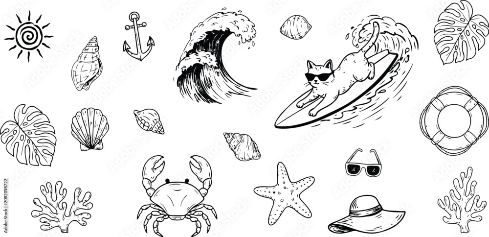 Obraz premium Hand drawn summer beach elements collection featuring a surfing cat seashells anchor and tropical palm leaves