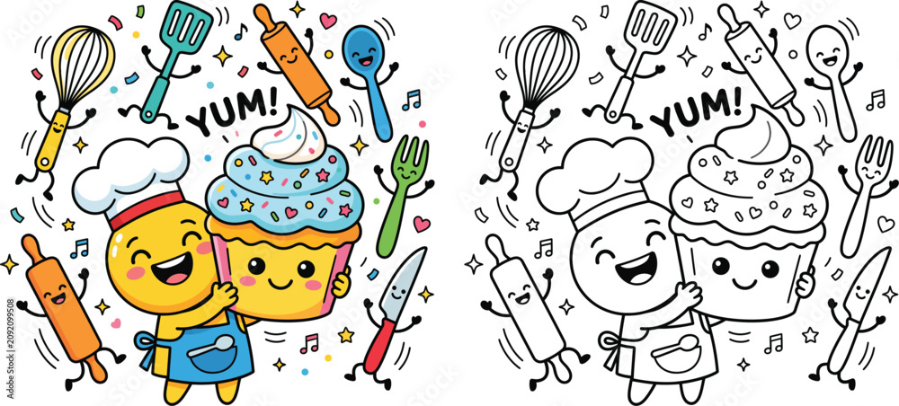 Fototapeta premium Cute Baking Chef Character Hugging a Cupcake Coloring Page and Graphic