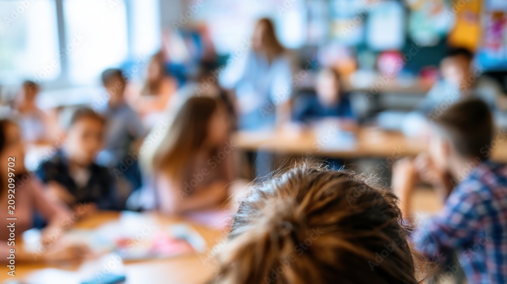 Fototapeta premium Soft blurred classroom background with students studying during school lesson .