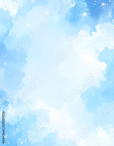 アイスブルーの水彩冬空と星のキラキラ　透明感のある冬の背景素材