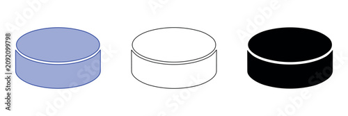 Canvas Print Set of three hockey pucks in different styles: colored, outline, and solid black