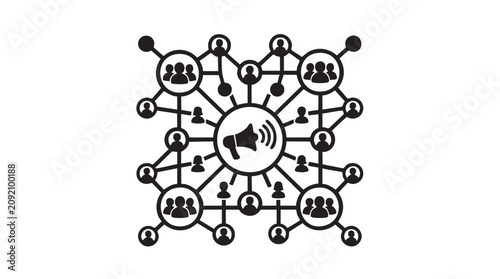Fotografie Communication Hub Icon with Megaphone and Connected Network Circles, Representin