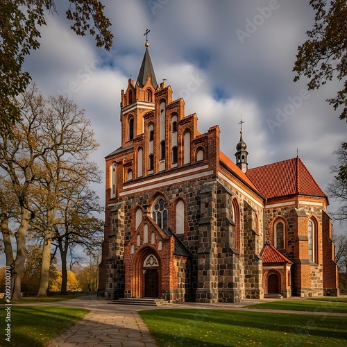 Historic Brick Church Standing in Leafy Park Under Cloudy Sky