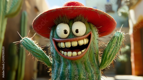 A cheerful cartoon cactus wearing a red sombrero, arms outstretched, smiles broadly against a desert backdrop.