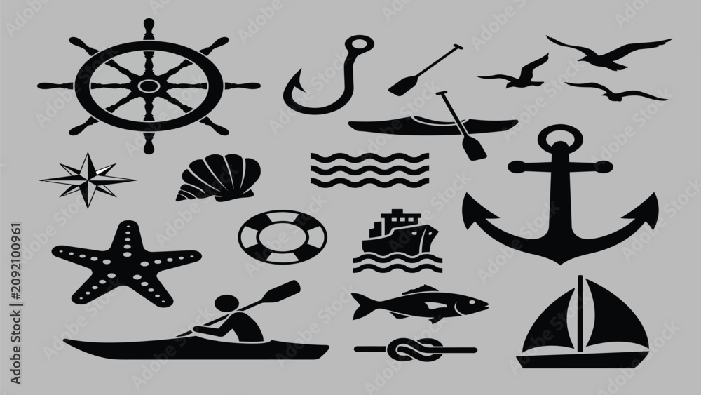 Obraz premium Nautical and marine themed icon set with ship wheel anchor sailboat kayak paddle seashell and fishing elements