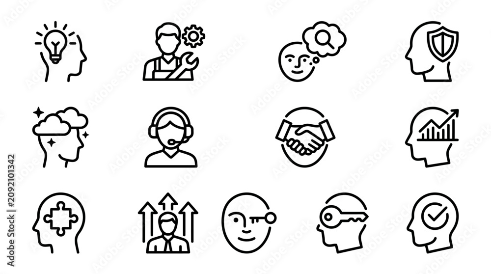 Fototapeta premium Business Icons Set: Innovation, Teamwork, Problem Solving, Security, Growth, Support