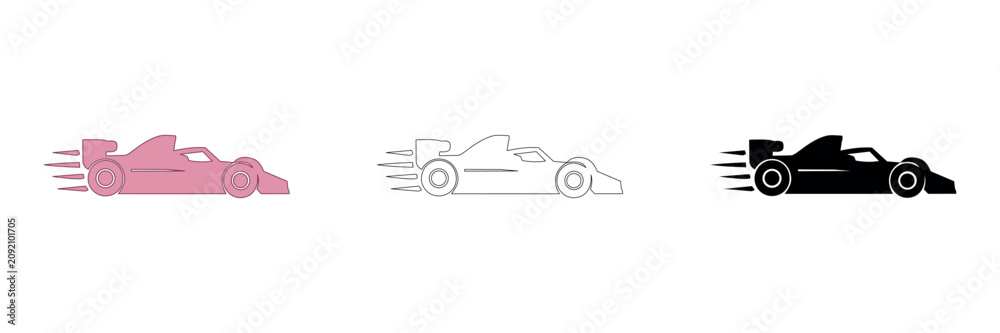 Obraz premium Set of three racing car icons in pink, outline, and black styles