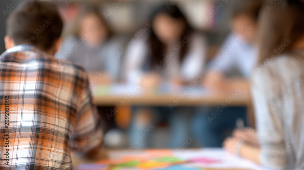 Fototapeta premium Blurred classroom atmosphere with students and educational activity background .