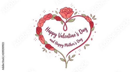 Red Rose Heart Illustration Displaying Valentine and Mothers Day Greeting on White Background
