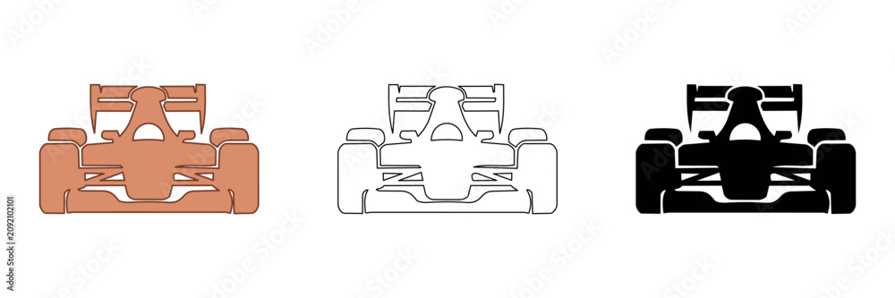 Obraz premium Set of three racing car icons in different styles: solid, outline, and silhouette