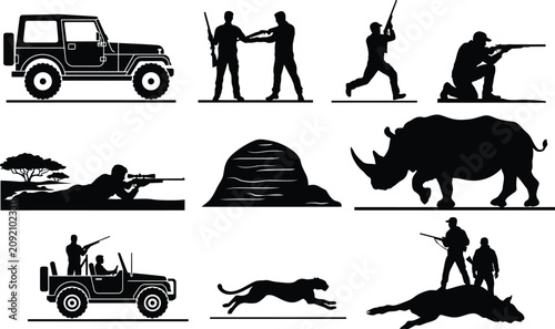 Safari hunting adventure vector silhouette set featuring wild animals, off-road vehicles, and professional hunters