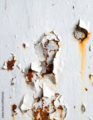 Peeling White Paint Exposing Rusted Metal Surface in Weathered Industrial Closeup