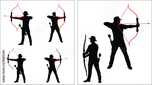 Set of archery silhouettes showing archers aiming with bows and arrows in various stances for sports competition