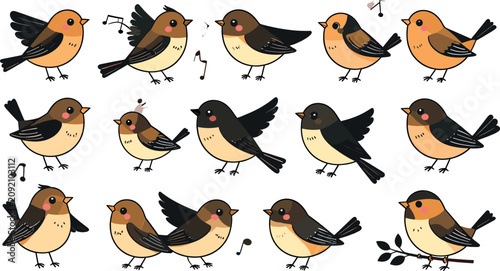 Tableau sur toile Cute little sparrow bird cartoon vector character set featuring brown and orange songbirds singing sitting flying and perched on branches, isolated graphic design elements for spring nature crafts